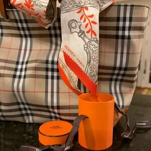 Hermès—Orange & Gray Etriers Remix Twilly Scarf